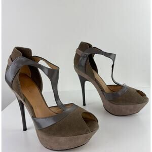 L.A.M.B Taupe Suede High Platform Stiletto Heels Ankle Strap Peep Toe Size 7.5